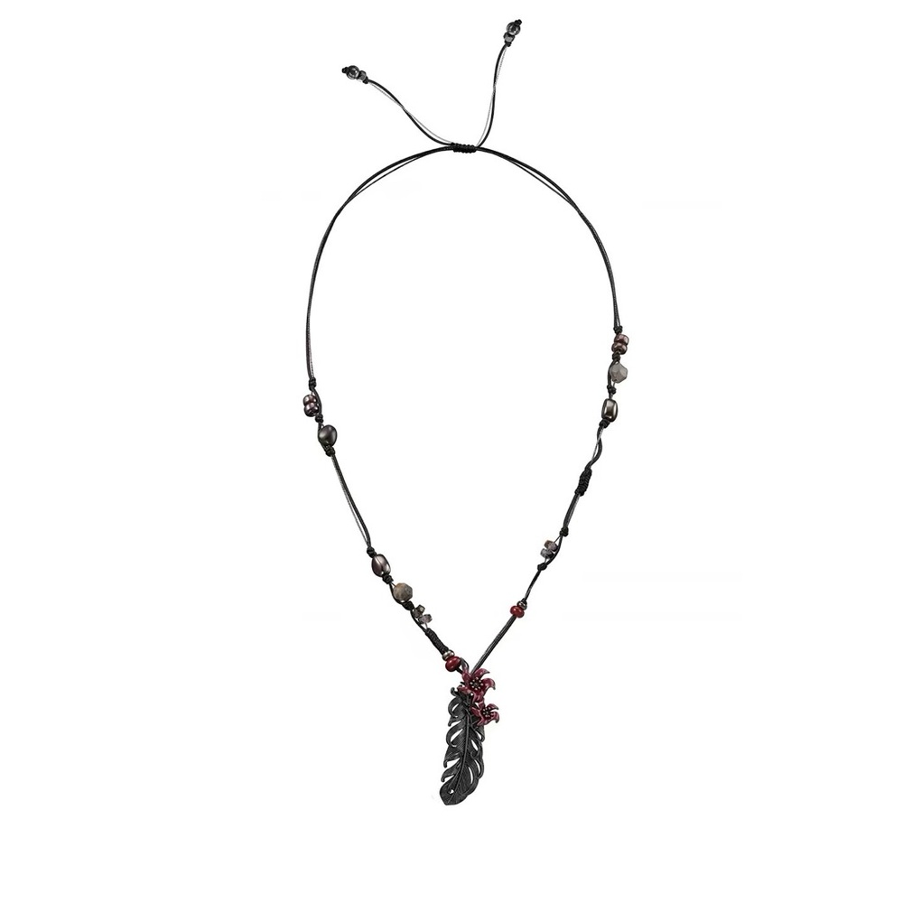 Adjustable Black Cord Necklace with Feather Pendant and Red Accents
